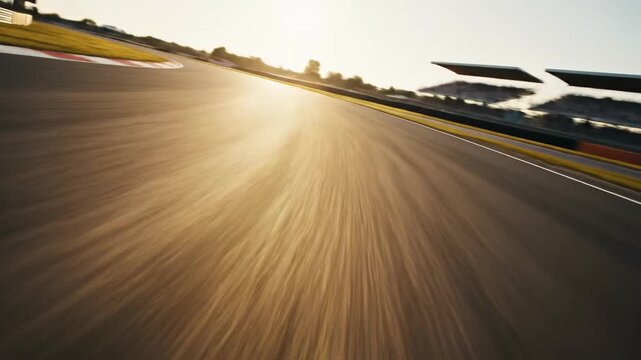 Extremely low high speed cinematic dolly shot skimming rapidly across the smooth dark asphalt surface of a long continuous racetrack curve shot, immersive, cinematic