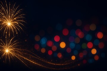 Golden fireworks explosion with colorful bokeh lights on dark background / dark fireworks with blur light background for social purpose / new year eve 
fireworks in the night