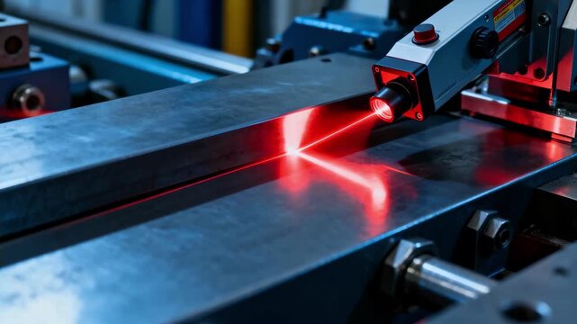 Medium shot of a laser beam alignment tool projecting a bright red beam onto a metal surface highlighting precision in industrial settings.
