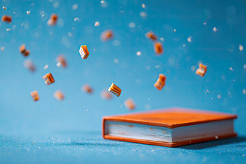 miniature books in an orange cover fly on a blue background 