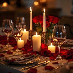 Romantic dinner table setting with candles and roses