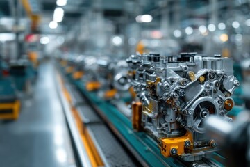 Fototapeta premium Automotive factory workers assembling car engines in a modern manufacturing facility during daytime