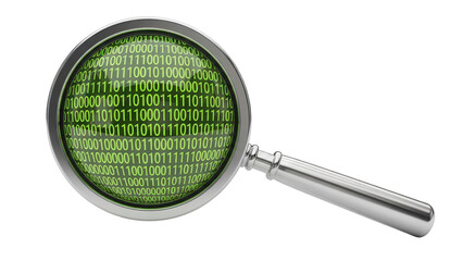 Isolated binary code zeros and ones under magnifying glass for data analysis and auditing