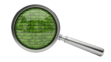 Isolated binary code zeros and ones under magnifying glass for data analysis and auditing