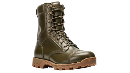 Isolated Olive-Green Lace-Up Leather Boot, a Durable All-Weather Footwear Staple for Outdoor...