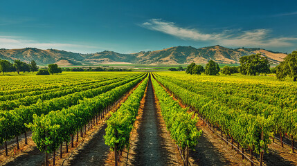 Fototapeta premium Lush Vineyard Landscape Under Clear Skies with Rolling Hills in View