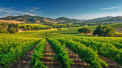 Obraz premium Serene Vineyard Landscape Under Clear Skies with Lush Green Vines