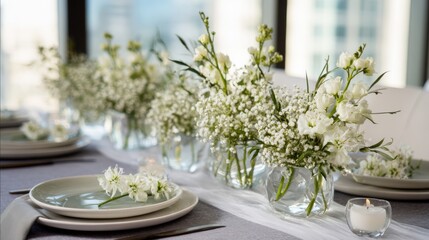 Elegant minimalist floral centerpiece with delicate white blooms and sleek greenery on a modern dining table setting.