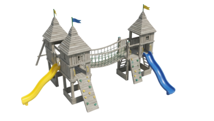 Isolated three-tower playground with slide, bridge, and climbing walls, in full view outdoor scene