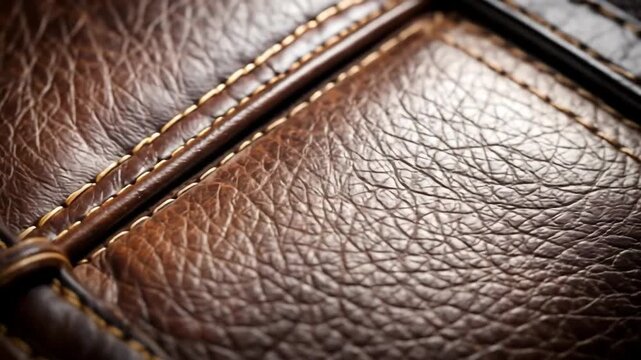 Close-up texture of brown leather with detailed stitching and a leather loop.