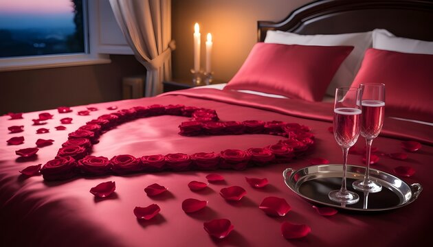 Romantic bed setup with rose petals and champagne