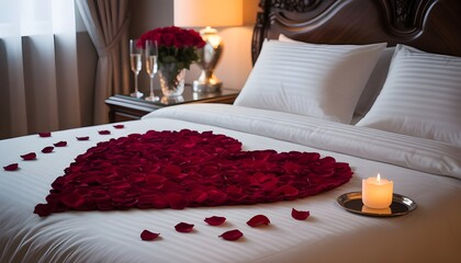 Romantic bedroom setup with rose petals and candle