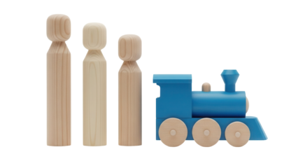 Isolated Toy Train with Wooden Figurines. Beautiful educational set for playing children