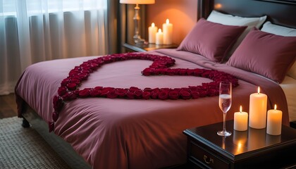 Romantic bedroom with rose petals and candles