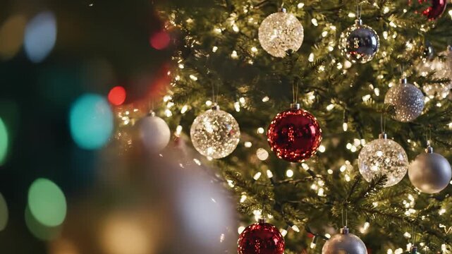 Extremely shallow depth of field dolly shot moving through foreground bokeh lights and blurred pine branches toward the dramatically illuminated Christmas tree warmth, darkscene, pine