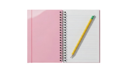Isolated open pink notebook with yellow pencil, school supplies for writing and drawing