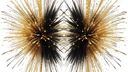Obraz premium Symmetrical burst of dark and gold, resembling fireworks, against a white background. Sparks and lines radiate outwards