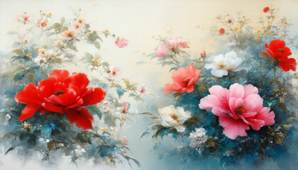 watercolor, A beautiful spring field of blooming red poppy flowers and wild daisies celebrates the natural beauty of colorful summer flora in a vibrant garden