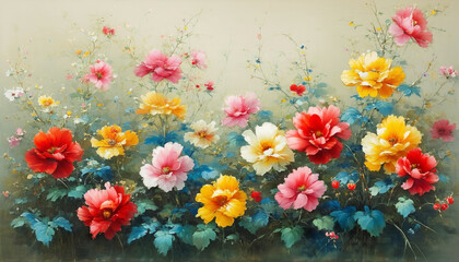 watercolor, A vibrant spring garden filled with colorful blooming gerbera daisies, roses, and poppies creates a natural floral frame of pink, yellow, and orange blossoms among lush green leaves