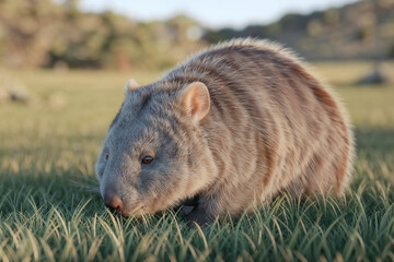 A close-up, high-angle shot of a cute, fluffy wombat walking through a grassy field during the golden hour, featuring detailed fur texture and a soft, blurred background.
