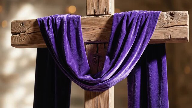 Weathered wooden cross stands prominently, draped with flowing purple fabric, symbolizing solemnity, spiritual reflection, and faith. This image represents hope and sacrifice