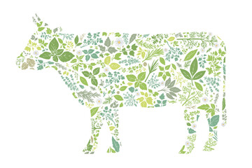 ハーブ柄で構成された牛のシルエット