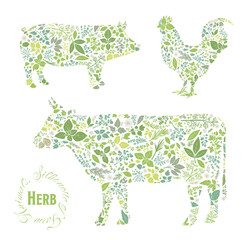 ハーブ柄で構成された家畜のシルエット