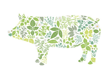 ハーブ柄で構成された豚のシルエット
