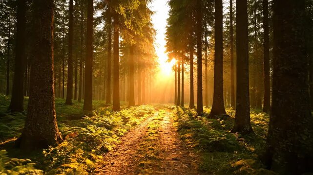 A pathway winds through a dense forest during golden hour, with sun rays filtering through trees, illuminating foliage and ground in warm, tranquil light.