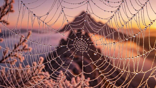 Dew-kissed spiderweb at dawn with misty mountain peak and rose-gold sunrise hues