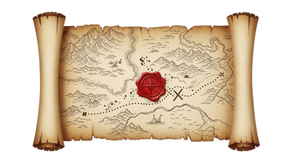 Isolated old scroll treasure map, nautical exploration with uncharted pirate adventure