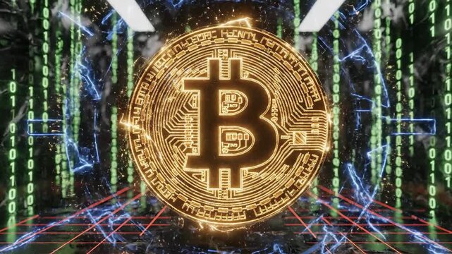 Bitcoin cryptocurrency symbol glowing gold in futuristic digital landscape with binary code and neon lights