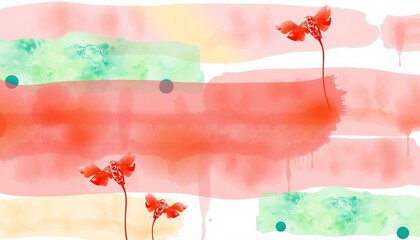 Vintage grunge floral background featuring abstract red poppy blossoms and spring leaves in a watercolor illustration design