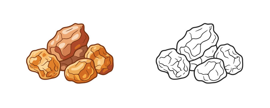 Golden frankincense resin pieces and black outline sketch isolated on white background depicting aromatic incense material for spiritual or medicinal use in cartoon style