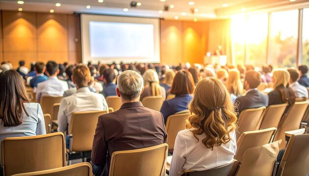 多くの参加者が着席する会場で行われるビジネスセミナーの講演風景
