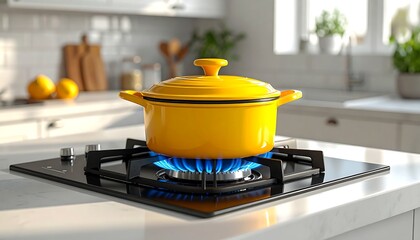 ガスコンロの上で青い炎に包まれた鍋が家庭料理の温かさを伝える