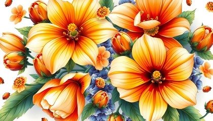 watercolor A vibrant nature background featuring a bright bouquet of yellow and orange marigold blossoms and daisies blooming in a summer garden with colorful petals and floral beauty