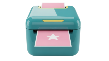 Isolated compact photo printer with pink paper displaying a star, office supplies device