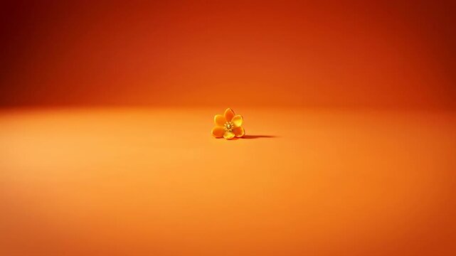 Extremely slow dolly pull back revealing a perfect centered orange blossom resting on an expansive plain orange studio surface from a high angle top down perspective beauty, expansive, color