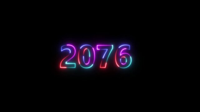 welcome to 2076 new year number icon animation glowing neon blue color banner mathematics template signboard sign symbol on black background