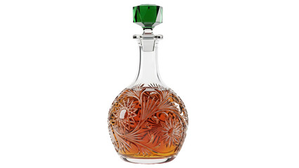 Isolated decanter of whiskey with a green glass stopper, liquor in fancy crystal bottle