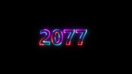 welcome to 2077 new year number icon animation glowing neon blue color banner mathematics template signboard sign symbol on black background