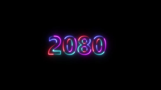 welcome to 2080 new year number icon animation glowing neon blue color banner mathematics template signboard sign symbol on black background