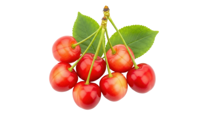 Isolated Bing Cherries Still Life, Group of Red Fruit, Fresh Cherry Leaves, Healthy Food