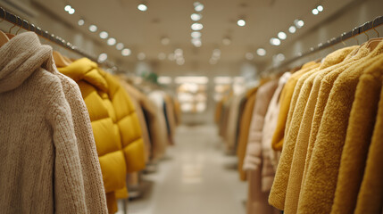 ナチュラルトーンで統一された冬服が並ぶミニマルなアパレルショップ