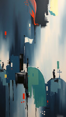 An old steam locomotive travels through a grunge urban city skyline at night featuring vintage architecture, skyscrapers, and industrial pollution under a moonlit sky illustration