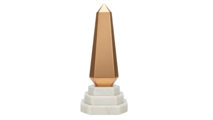 Isolated gold obelisk monument trophy on stepped marble base, for design or architecture