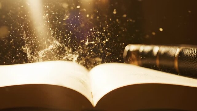 Extremely slow motion capture of microscopic dust motes floating and settling gently onto the open pages of a hardback book bathed in golden hour sunlight capture, table, peaceful