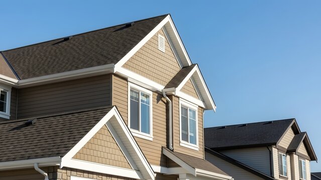 Brown house with white trim and dark roof