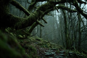 Mysterious Ancient Forest - Gnarled Moss-Covered Trees Bathed in Eerie Mist.